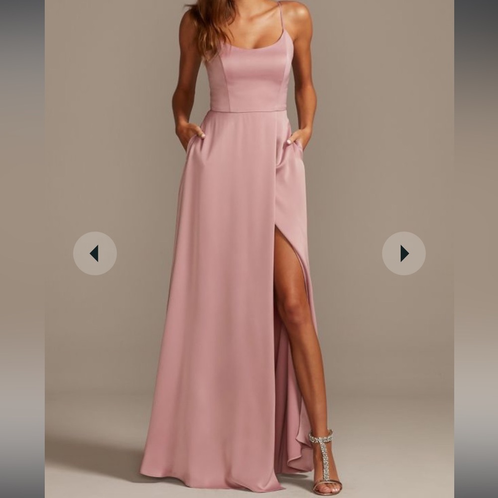 David's Bridal "Quartz" Pink Bridesmaid Dress with Side Slit & Spaghetti Straps - Picture 1 of 6